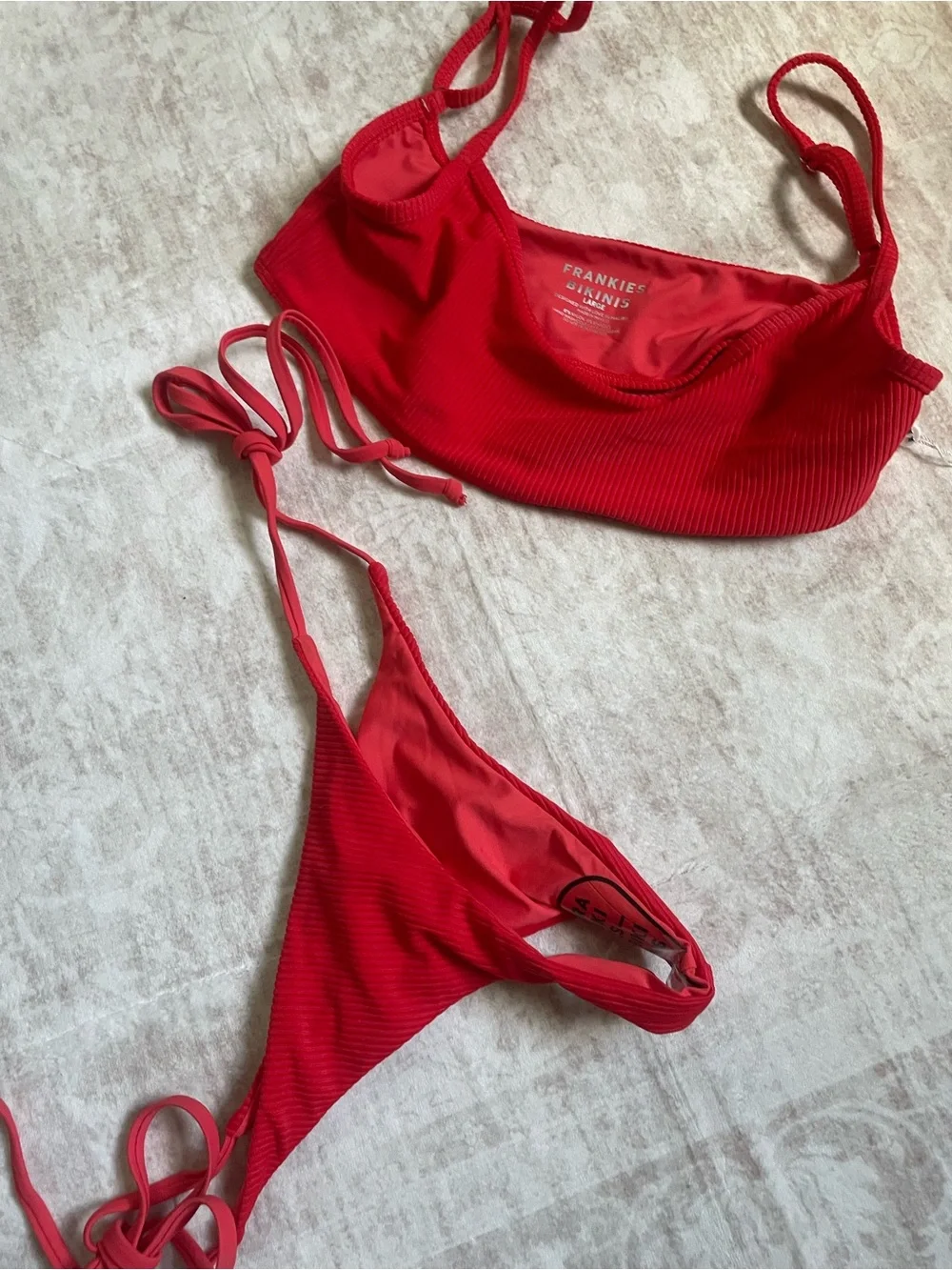 Frankie's Bikinis Red Ribbed String Bikini Set